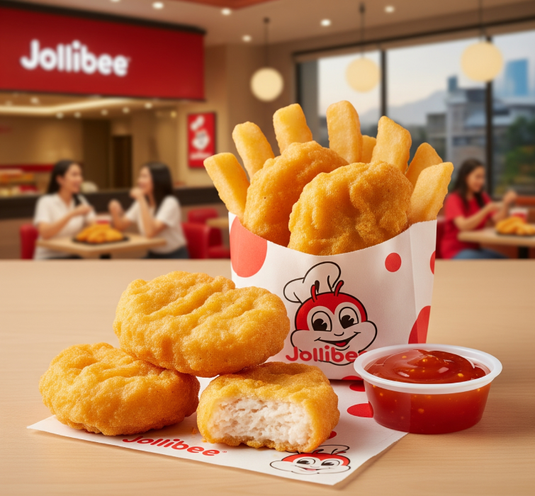 Jollibee chicken nuggets and fries, with a dipping sauce. The background shows the ambiance of a Jollibee restaurant.
