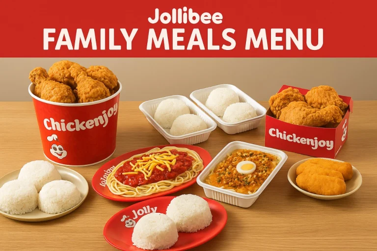 A table filled with Jollibee Family Meal items including Chickenjoy and Jolly Spaghetti