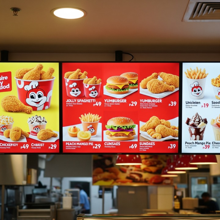 Jollibee desserts on display including Peach Mango Pie, Chocolate Sundae Twirl, and Halo-Halo served on a tray with branded packaging