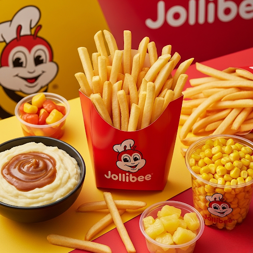 Close-up of seasoned Jollibee fries and creamy mashed potatoes topped with rich gravy