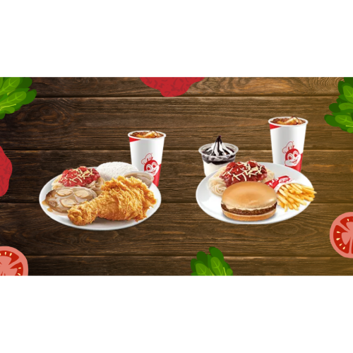 Jollibee Super Meal featuring crispy Chickenjoy, Jolly Spaghetti, steamed rice, and a soft drink served on a tray