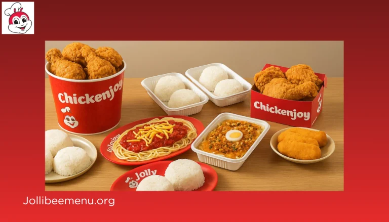 A close-up of Jollibee's signature sweet-style Filipino spaghetti topped with sliced hotdogs and grated cheese, served in a red Jollibee-branded tray.